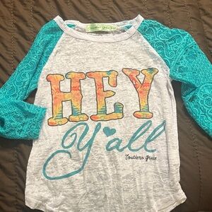 Southern Grace youth HEY YALL White and Teal LACE Top